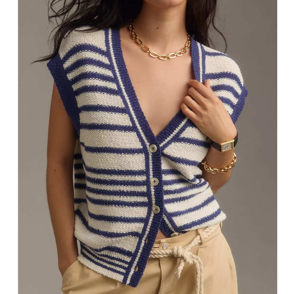 Maeve Slouchy Sweater Vest Navy White Striped Anthro Small Coastal Nautical